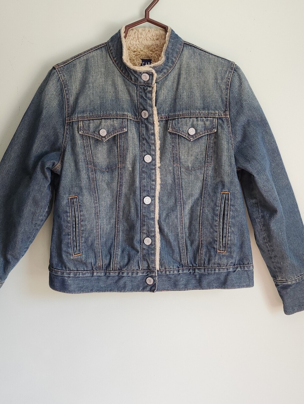 Vintage GAP '03 Denim Sherpa Lined Cotton Trucker Snap Jacket Wms Size L *READ*
